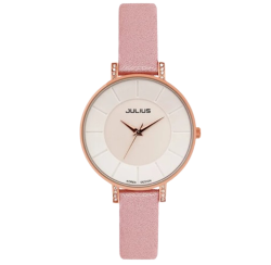 ساعة نسائية من جوليوس الكورية جاي اي 766  دائريه ذهبي زهري سير وردي ومينا وردية JULIUS Watch JA-766 for Women - Analog, Leather - Pink