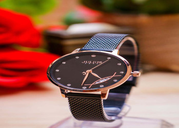 ساعة نسائية من جوليوس الكورية اي جي 1179 دي دائرية ذهبية سير سوداء مينا سوداء JULIUS Watch JA-1179 for Women - Analog, Stainless Steel - Black
