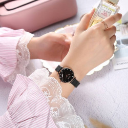 ساعة نسائية من جوليوس الكورية اي جي 1179 دي دائرية ذهبية سير سوداء مينا سوداء JULIUS Watch JA-1179 for Women - Analog, Stainless Steel - Black