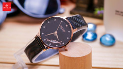 ساعة نسائية من جوليوس الكورية اي جي 1179 دي دائرية ذهبية سير سوداء مينا سوداء JULIUS Watch JA-1179 for Women - Analog, Stainless Steel - Black