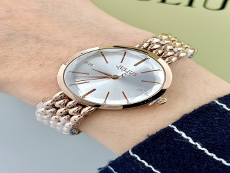 ساعة نسائية من جوليوس الكورية جي اي 1193 بي دائرية من الذهب الوردي سير ذهبي ومينا بيضاء JULIUS Watch JA-1193 for Women - Analog, Stainless Steel - Rose