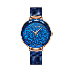ساعة نسائية من جوليوس الكورية 1189 دائرية ذهبية سير ستيل ستيل ازرق مينا زرقاء JULIUS Watch JA-1189 for Women - Analog, Stainless Steel - Blue