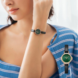 ساعة نسائية من جوليوس الكورية جاي اي 1371 دي دائرية ذهبيه سير جلد اسود مينا خضراء JULIUS Watch JA-1371D for Women - Analog, Leather - Black