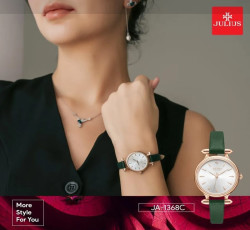 ساعة نساىية من جوليوس الكورية  جاي اي 1368 سي دائرية ذهبية سير جلد اخضر مينا بيضاء JULIUS Watch JA-1368C for Women - Analog, Leather - Green