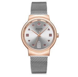 ساعة نسائية من جوليوس الكورية جاي اي1187 دائرية ذهبية سير ستين ستيل فضي مينا فضية JULIUS Watch JA-1187 for Women - Analog, Stainless Steel - Silver