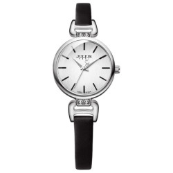 ساعة نسائية من جوليوس الكورية جاي اي 925 دائرية فضية سير جلد اسود مينا بيضاء JULIUS Watch JA-925A for Women - Analog, Leather - Black