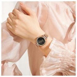 ساعة نسائية من جوليوس الكورية دائرية ذهبي زهري سير ستين ستيل ذهبي مع مينا اسود JULIUS Watch for Women JA-1352D - Analog, Stainless Steel - Rose Gold