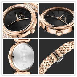 ساعة نسائية من جوليوس الكورية دائرية ذهبي زهري سير ستين ستيل ذهبي مع مينا اسود JULIUS Watch for Women JA-1352D - Analog, Stainless Steel - Rose Gold