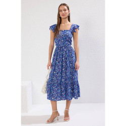 فستان ميدي منسوج من الفيسكوز بقصة A-line وياقة مربعة وطبعة زهور Floral Print Square Collar A-line Viscose Midi Woven Dress