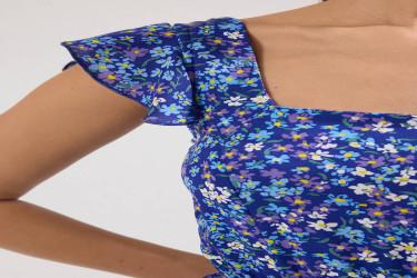 فستان ميدي منسوج من الفيسكوز بقصة A-line وياقة مربعة وطبعة زهور Floral Print Square Collar A-line Viscose Midi Woven Dress