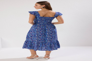 فستان ميدي منسوج من الفيسكوز بقصة A-line وياقة مربعة وطبعة زهور Floral Print Square Collar A-line Viscose Midi Woven Dress