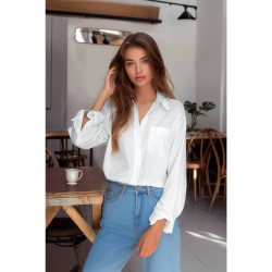 قميص نسائي منسوج من القطن بقصة بوي فريند واسعة وجيب واحد Single Pocket Boyfriend Wide Fit Cotton Woven Shirt