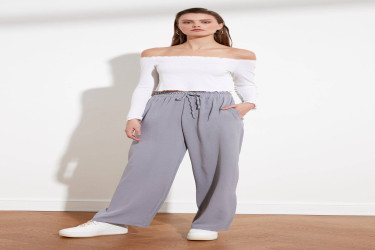 بنطلون منسوج بأرجل واسعة وخصر مطاطي Elastic Waist Wide Leg Woven Trousers