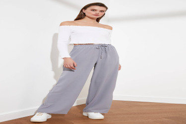 بنطلون منسوج بأرجل واسعة وخصر مطاطي Elastic Waist Wide Leg Woven Trousers