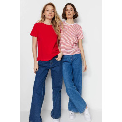 تيشيرت محبوك من القطن بياقة دائرية ضيقة - عبوة من قطعتين Crew Neck 100% Cotton Knitted T-Shirt - 2-Pack