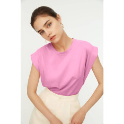 تيشيرت بيسيك محبوك من القطن بياقة دائرية ومظهر مبطن Basic Wadding Look Crew Neck 100% Cotton Knitted T-Shirt