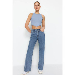 بنطلون جينز بأرجل واسعة وخصر مرتفع وتفاصيل عند الخصر High Waist Wide Leg Jeans with Waist Detail