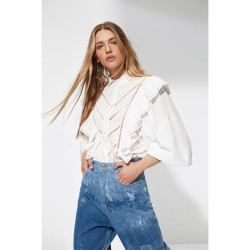 قميص منسوج بتفاصيل زينة وأكمام بالون Applique Detail Balloon Sleeve Woven Shirt