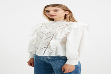 قميص منسوج بتفاصيل زينة وأكمام بالون Applique Detail Balloon Sleeve Woven Shirt