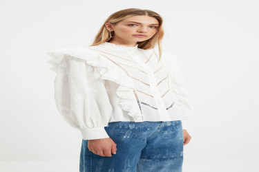 قميص منسوج بتفاصيل زينة وأكمام بالون Applique Detail Balloon Sleeve Woven Shirt