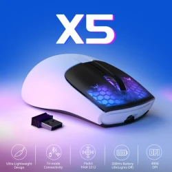 ماوس الألعاب X5 فائق الخفة 49 جرام بثلاثة أوضاع اتصال وإضاءة RGB - أبيض X5 Tri-Mode Gaming Mouse 49g Ultra-Light with RGB Backlit Main Click–White