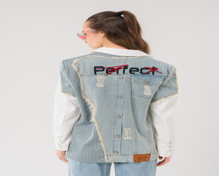 بليزر رسمي من الأمام، دنيم مطرز من الخلف Blazer with Distressed Denim Back and Embroidery