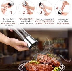 مطاحن ملح وفلفل من قطعتين مع صينية خشبية فاخرة Two-piece salt and pepper mills with a premium wooden tray
