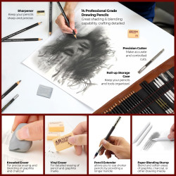 مجموعة أقلام رسم جرافيت وفحم 24 قطعة 24-piece graphite and charcoal drawing pencil set