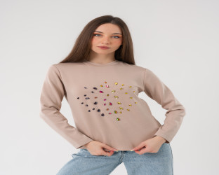 قميص نسائي بأكمام طويلة - مزين بأحجار كريستال ملونة Women's long Sleeve shirt with Colorful Crystal