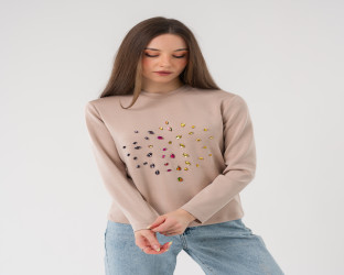 قميص نسائي بأكمام طويلة - مزين بأحجار كريستال ملونة Women's long Sleeve shirt with Colorful Crystal