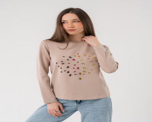 قميص نسائي بأكمام طويلة - مزين بأحجار كريستال ملونة Women's long Sleeve shirt with Colorful Crystal