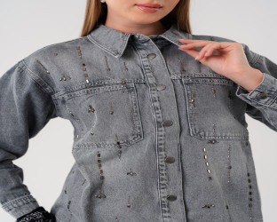 جاكيت جينز نسائي رمادي Women's Grey Denim Jacket