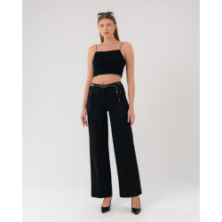 بنطلون أسود واسع بقصة مستقيمة مع شريط جانبي Wide-Leg Trousers with Contrasting Side Stripe