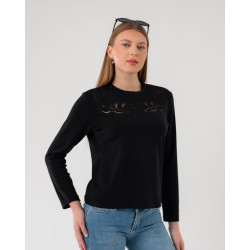 بلوزة نسائية سوداء بأكمام طويلة وتفاصيل شبكية مطرزة Black Long-Sleeve Top with Details
