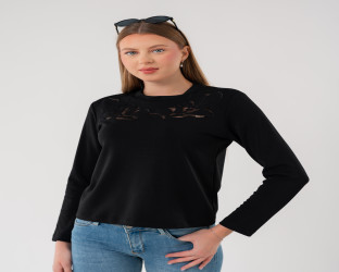 بلوزة نسائية سوداء بأكمام طويلة وتفاصيل شبكية مطرزة Black Long-Sleeve Top with Details