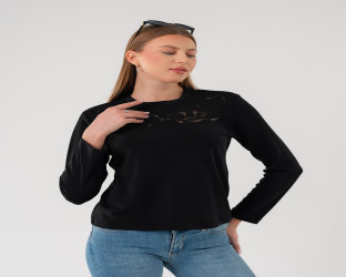 بلوزة نسائية سوداء بأكمام طويلة وتفاصيل شبكية مطرزة Black Long-Sleeve Top with Details