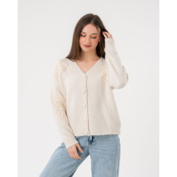 كارديغان صوف برقبة V مع تطريز زهري بارز Cardigan with Prominent Floral Embroidery and V-Neck