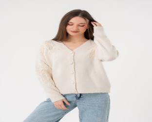 كارديغان صوف برقبة V مع تطريز زهري بارز Cardigan with Prominent Floral Embroidery and V-Neck