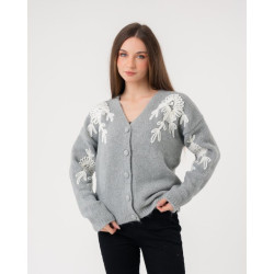 كارديغان صوف برقبة V مع تطريز زهري بارز Cardigan with Prominent Floral Embroidery and V-Neck
