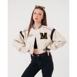 جاكيت بومبر قصير جلد Faux Leather Varsity Jacket