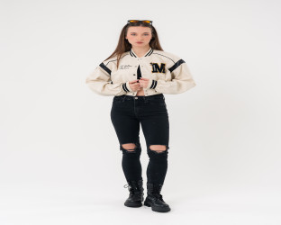 جاكيت بومبر قصير جلد Faux Leather Varsity Jacket