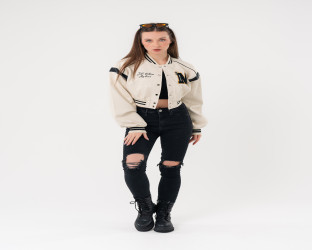 جاكيت بومبر قصير جلد Faux Leather Varsity Jacket
