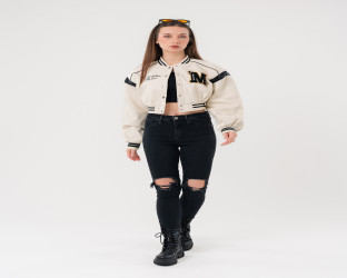 جاكيت بومبر قصير جلد Faux Leather Varsity Jacket