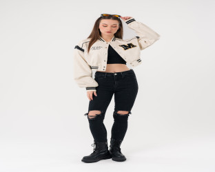 جاكيت بومبر قصير جلد Faux Leather Varsity Jacket