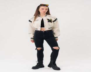 جاكيت بومبر قصير جلد Faux Leather Varsity Jacket