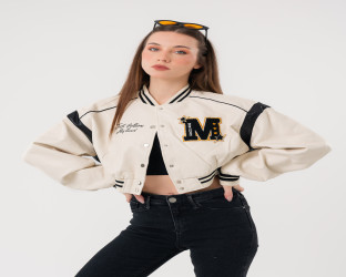 جاكيت بومبر قصير جلد Faux Leather Varsity Jacket