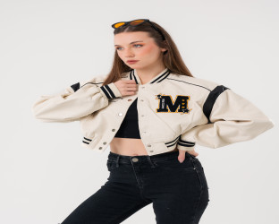 جاكيت بومبر قصير جلد Faux Leather Varsity Jacket