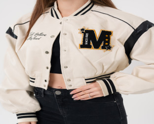 جاكيت بومبر قصير جلد Faux Leather Varsity Jacket