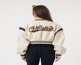 جاكيت بومبر قصير جلد Faux Leather Varsity Jacket