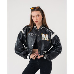 جاكيت بومبر قصير جلد Faux Leather Varsity Jacket